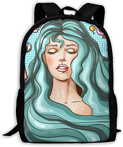 Preisvergleich Produktbild Schulrucksack Blaues langes Haar Schöne Frau Kosmetik Personalisierter Freizeitrucksack für Reisen im Freien Geeignet für Jungen- und Mädchenrucksäcke im Teenageralter