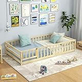 Giantex Twin Floor Bed with Fence for Kids, Wooden Montessori Bed Frame with Lockable Door & Guardrails, Low Floor Beds for Kids, Boys, Girls, No Box Spring Needed, Without Wood Slats, Natural