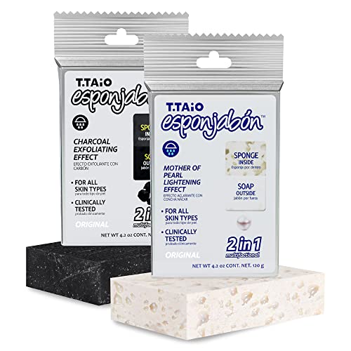 T.Taio NACA Esponjabon Mother Of Pearl And Charcoal Soap Sponges — Shower Scrubbers That Remove Oil And Dirt — Sponges To Scrub Foot, Elbow And Face — Bathroom Accessories — Fresh Scent  cover