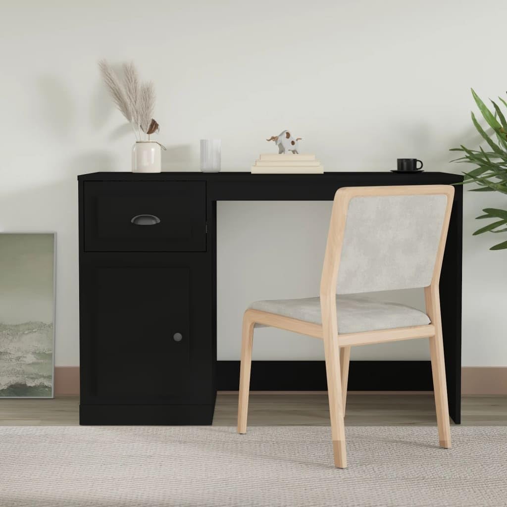 Escritorio negro 115 x 50 x 75 cm de madera con cajón y puerta, escritorio compacto para oficina en casa, habitación juvenil y espacios pequeños, diseño moderno de oficina