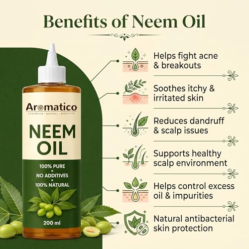 Image of AROMATICO Cold Pressed Neem Oil for Hair & Scalp Health - Neem Hair Oil for Dandruff, Scalp Itching & Hair Growth | Also for Skin Care & Plants | 200ml