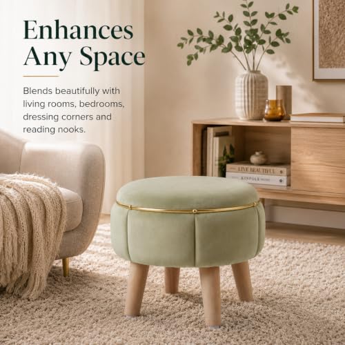 Image of Velvet Upholstered Round Ottoman Footstool | Anti-Slip Feet | Multipurpose Footrest, Step Stool & Vanity Seating & Decor | 40 x 30 cm (16 x 12 Inch) | Light Green