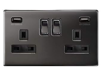 Polished Black Nickel USB Double Wall Plug Socket 2 Gang 13A with 2 USB Charger Port Outlets Socket Plate N776GME