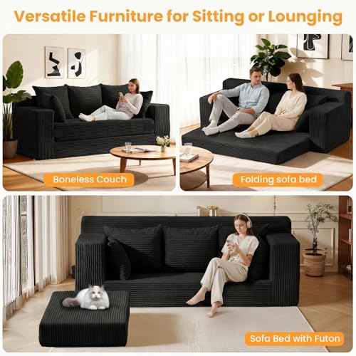 Convertible Sofa Bed, Pull Out 3 Seater Sleeper Sofa, 70" Black Boneless Couch Fold Out Floor Couch with 5 Pillows for Living Room Bedroom Lounge Small Space - Image 4