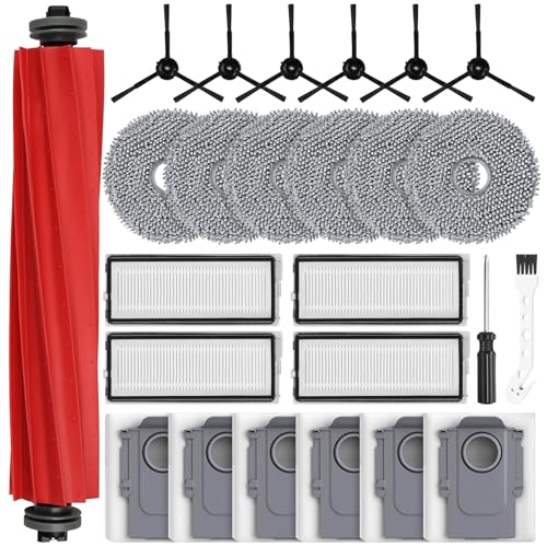 25 Stück Zubehör für Roborock Qrevo Pro/Qrevo S/Qrevo MaxV Saugroboter 1 Hauptbürste 6 Staubbeutel 6 Wischpads 4 HEPA-Filter 6 Seitenbürsten 1 Reinigungsbürste 1 Schraubendreher