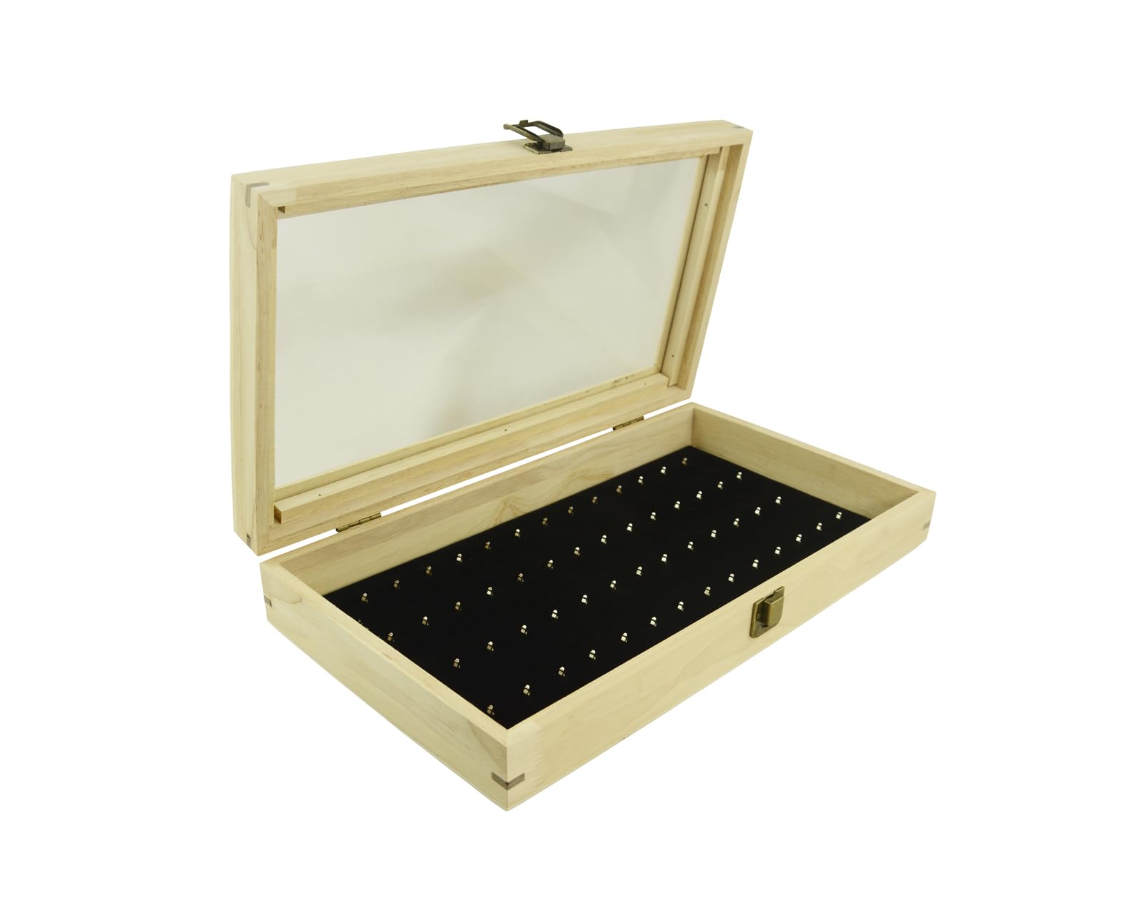 Box Displays Naturalne drewniane szklane zamknięcie pokrywka gablota z wyborem wkładki ekspozycyjnej bransoletka długopisy biżuteria do ciała (taca z 54 wycięciami podkładka na biżuterię do ciała