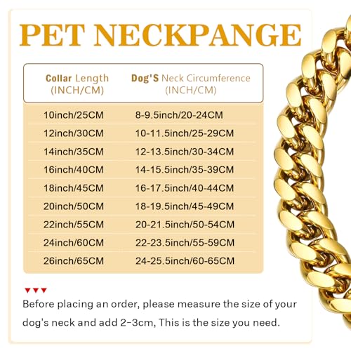 15mm breite goldene Hundekette mit Anhänger,18K vergoldete Edelstahl-Walking-Ketten aus kubanischen Gliedern,Starke,kausichere Halsbänder für kleine und mittelgroße Hunde (50cm)