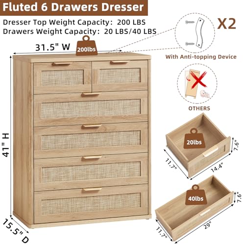 Image of LEYAOYAO Rattan Dresser for Bedroom, 41 inch Tall Chest of Drawers, Modern 6 Drawers Boho Dressers with Storage, Light Oak Dresser Wooden Closet Organizer for Living Room, Hallway, Natural Wood