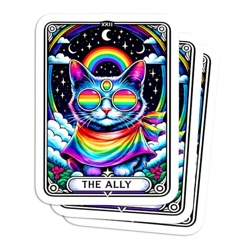 (Pack of 3) 3 Inches Ally Cat Tarot Card Pride Month Sticker, LGBT Pride Gay Lesbian Waterproof Vinyl Stickers for Laptop Water Bottle Tumbler Phone Notebook Car