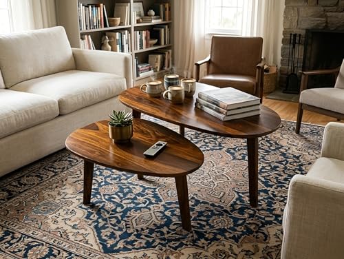 Image of Sheesham Wood Coffee Table Set for Living Room | Nesting Center Table Set of 2 with Oval Top and Tapered Legs | Modern Wooden Tea Table with Space Saving Design | Mid Century Style Furniture | Brown