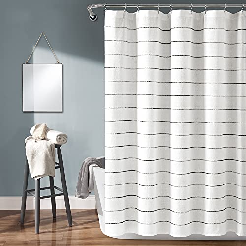 Image of Lush Decor Ombre Stripe Yarn Dyed Cotton Shower Curtain, 72 inch W x 72 inch L, Navy & Multi - Fabric Shower Curtains - Striped Bathroom Curtain - Farmhouse & Coastal Decor