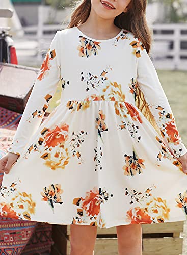 Blibea Little Girls Casual Long Sleeve Empire Waist Flower Print Knee Length Pockets Midi Dress Size 12 13 White #TOP1