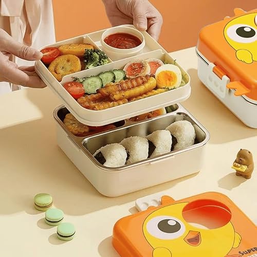 Image of Opullo Mother's Choice Stainless Steel Tiffin Box for School | Steel Lunch Box with Compartments | Stainless Steel Lunch Box for Kids | Big Size Steel Tiffin Boxes for Lunch | 1120 Ml | Orange