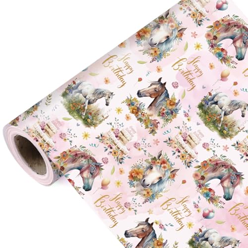 Joviwrap Horse Wrapping Paper Roll Happy Birthday Horse Floral Wrapping Paper Watercolor Horse Floral Birthday Cake Gift Wrap Equestrian Gift Packing Paper for Birthday 17 Inch x 16.4 Feet