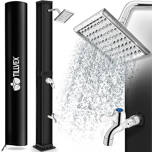 tillvex Solardusche 40 Liter inkl. Schutzhaube | Solar Garten-dusche warmes Wasser | Pooldusche Camping | ohne Stromanschluss | mit Wasserhahn und Regenduschkopf | Gartenschlauch-Anschluss | Schwarz