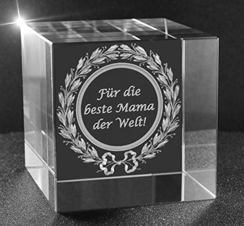 VIP-LASER 3D Glaskristall XL Würfel mit Text Für die Beste Mama der Welt im Lorbeerkranz graviert!
