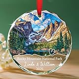 Ornement personnalisé en verre teinté du parc national des montagnes Rocheuses, ornement d'arbre de Noël du Colorado des États-Unis, souvenir de voyage d'aventure personnalisé avec noms