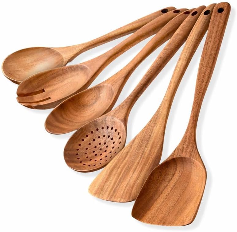 6 Piece Teak Wood Utensil Set - Non Toxic, Handmade Cooking Spoons & Spatulas for Nonstick Cookware - Includes Wok Spatula, Skimmer & Salad Set - Heat Resistant Kitchen Utensil Gift Set