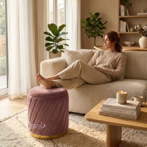 Image of Mythic ArtsRound Upholstered Sitting Stool & Footrest Velvet Storage Ottoman Pouffe16 X 16X 19 inch | Versatile Puffy for Living Room, Bedroom, and Office ? Chic Home Furnishings & Dcor Pink