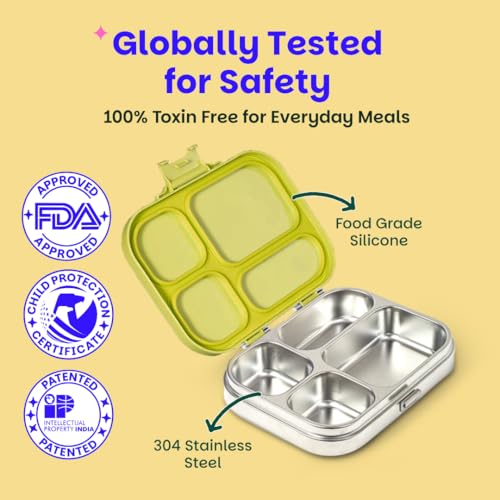 Image of Basil Bento Box Quad - 4 Compartment Stainless Steel Lunch Box with BPA-Free Plastic Lid | 800 ml Leak-Proof Tiffin Box for Kids & Adults | Premium School, Office, Lunch Box - Mushroom Trail