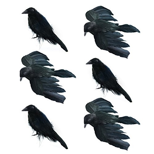 Set of 6 Crows for Halloween Decorations - 4 inches | 3 Standing and 3 Flying | Real Feathers and Wire to Attach