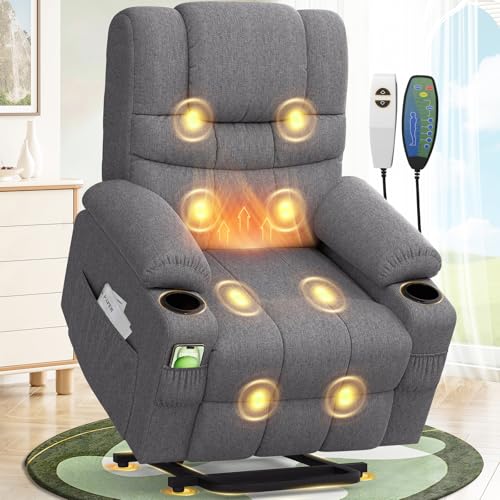 Lift Chair For the Elderly Recliner Armchair with 8-Piont Massaage & Lumbar Heating Type C+USB Ports 45 Assisted Standing Power Recliner Chair for Living Room 2 Cup Holders & 4 Side Pockets