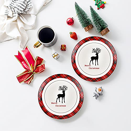 Christmas Dinner Plates Set, Christmas Plate Set With Christmas Plaid And Reindeer, Porcelain Plate Set Of 4 For Christmas Xmas #TOP2