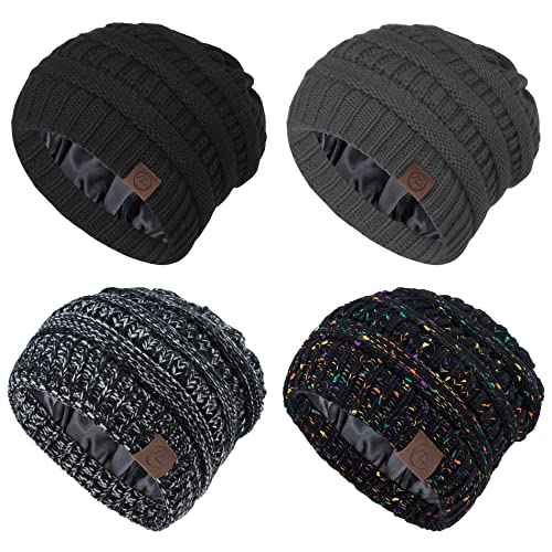 American Trends Damen Satin gefütterte Beanie Wintermützen Herren Beanies Totenkopf Kappe Slouchy Beanie Mützen für Frauen Schlafmütze, 4 Stück D8 Multi-Farben, Einheitsgröße Cover