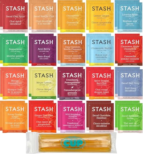 Stash Herbal & Decaf Tea Sampler (40 count) 20 Flavor Assortment with By The Cup Honey Sticks