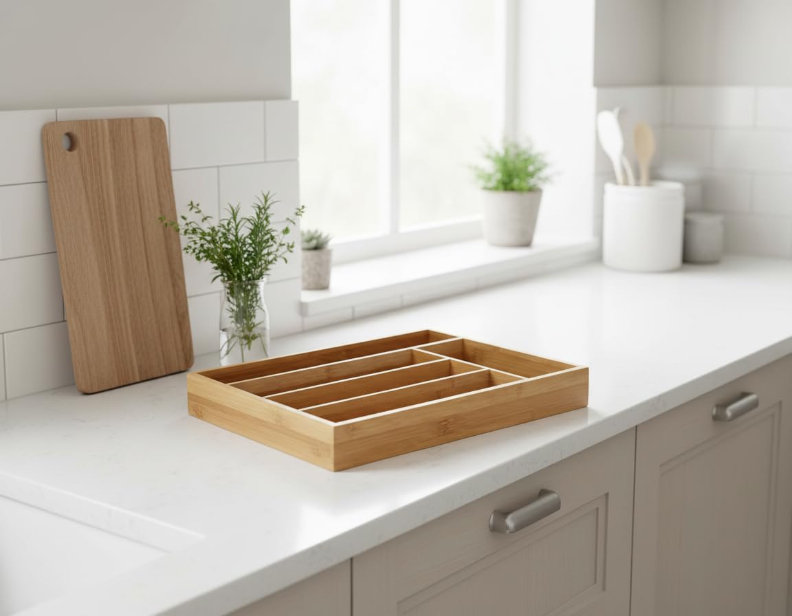 Range Posate in bambù – Organizer per cassetti da cucina a 5 scomparti – resistente e sostenibile ecologico (34 x 25 x 4 cm)