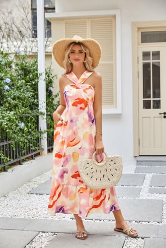 Image of GRACE KARIN Womens Summer Floral Dresses 2026 Boho Maxi Dress Flowy Halter Sundress Casual Vacation Beach Clothes with Pocket