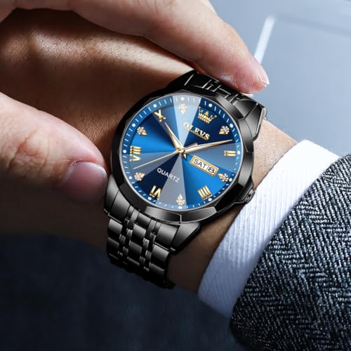 Image of OLEVS Watch for Men Diamond Business Dress Analog Quartz Stainless Steel Waterproof Luminous Date Two Tone Luxury Casual Wrist Watch Blue
