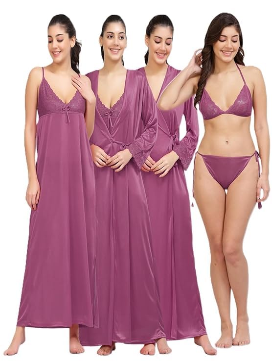 Women's Satin Nightgown Set with Robe, 4 Piece Sleepwear, V-Neck, Lace Trim, Full Length, Summer Nightwear for Adult-image-38
