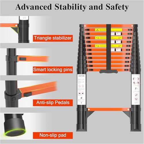 Image of Telescoping Ladder, 12.5 FT Aluminum Extension Ladder 330 Lbs, Black Orange | Telescopic & Retractable, Collapsible Extendable Ladder for House, Roof, RV & Travel Trailer