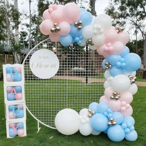 Image of HILAVO Pink and Blue Balloons 12 Inch Gender Reveal Latex Party Balloons | Pastel Light Baby Blue Pink White Balloon Confetti Balloons for Boy or Girl Birthday Bridal Baby Shower Party Decorations