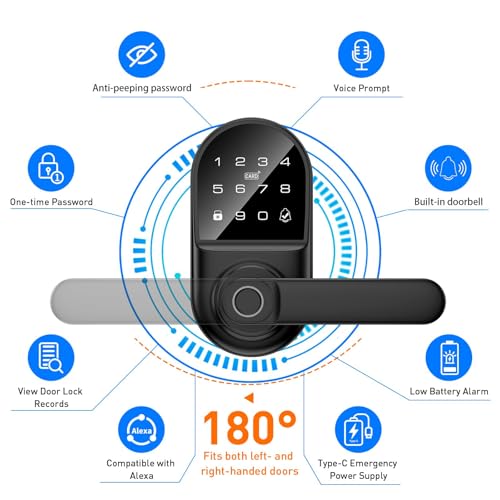 Image of Smart keypad Door Lock with Handle，Fingerprint Keyless Entry Digital Lock with Built-in doorbell for Front Door,Bedroom,biometric Door knob, APP Control