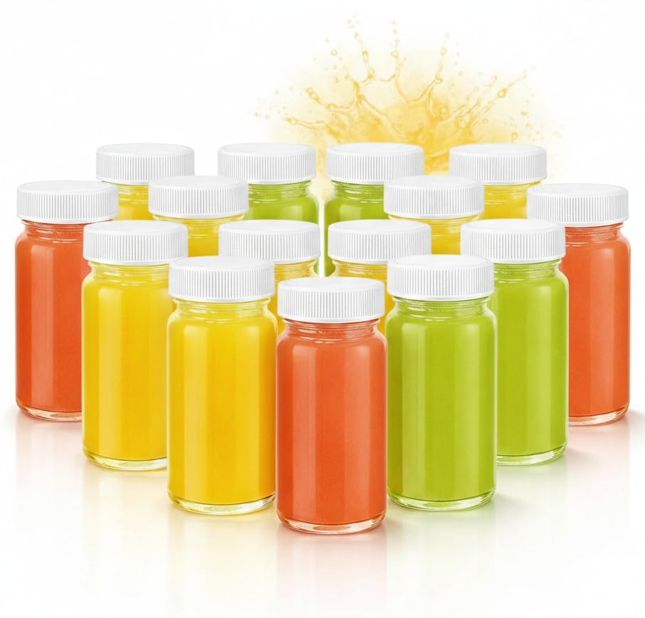 Image of Juice Shot Bottles Set - Wide Mouth for Juicing, Beverage Storage, Liquids, 2 oz, Clear Glass with White Caps, Reusable, Leak Proof, Jars (16 pack)