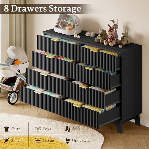 Image of BORNOON Fluted 8 Drawer Tall Dresser, 47.2 inch Wide Modern Boho Chest of Drawers, Wooden Storage Dresser TV Stand for Bedroom, Living Room, Closet, Hallway, Curved Profile Design