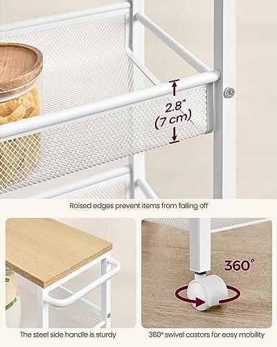 Image of VASAGLE Slim Rolling Cart, 4-Tier Storage Cart, Narrow Cart with Handle, 8.7 Inches Deep, Metal Frame, for Kitchen, Dining Room, Living Room, Home Office, Oak Beige and Classic White ULRC033W09