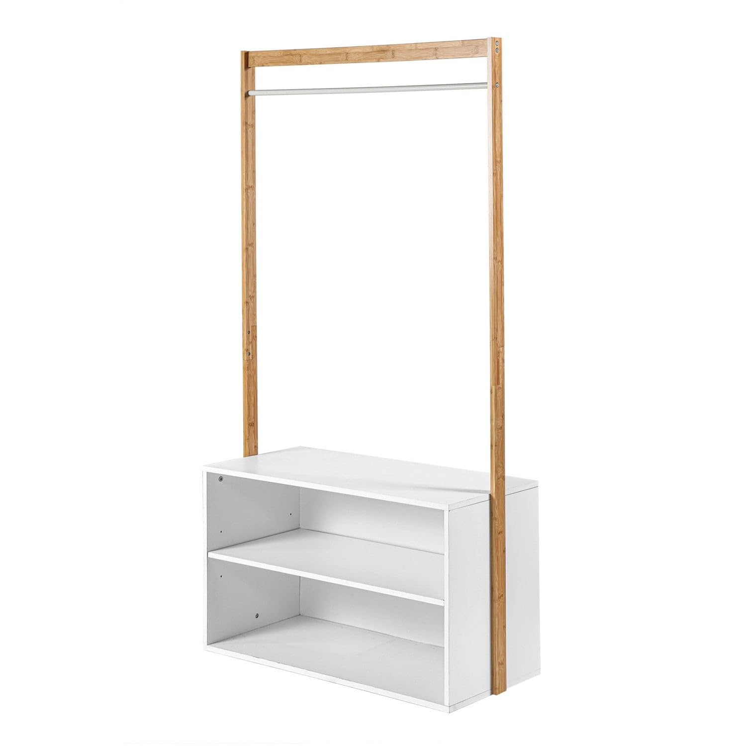 Drewniana szafa z półkami - bambus - wieszak na ubrania - przechowywanie butów - 2 pudełka - Biały i drewniany - Szafka wejściowa - sypialnia - 90 x 40 x H171 cm