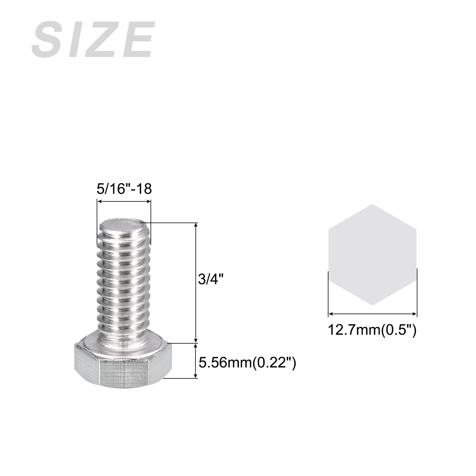 METALLIXITY Hex Head Bolts (5/16-18 x 3/4") 25Pcs, 304 Stainless Steel 18-8, Fully Threaded, External Hex Drive, Plain Finish - Image 2