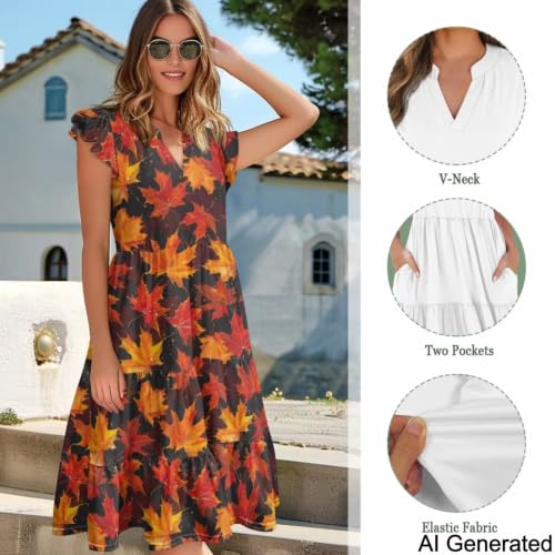 Image of Womens Summer Dress Ruffle Sleeve V Neck Dress Casual Fit Flowy Beach Vacation Sundress with Pocket S-2XL