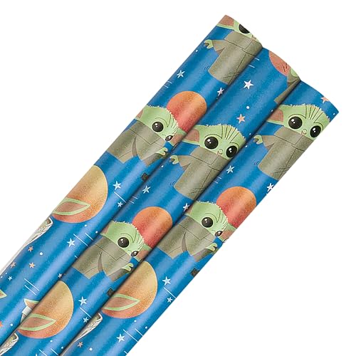 Hallmark Rouleau de papier cadeau 3 en 1, motif grogu mandalorien, 2 m chacun, anniversaire, Noël, bleu