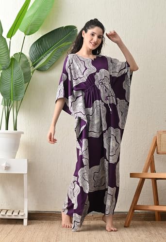 Image of Ichaa Women's Pink Rayon Printed Round-Neck Kaftan-Style Free Size Nighty with Drawstring
