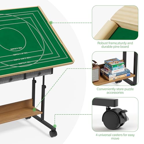 Image of CODACE Puzzle Table with Drawers - 2000 Pieces Jigsaw Puzzles Table for Adults, Tilting Puzzle Board with 6 Sorting Trays and Cover, Tables with Adjustable Height Leg and Wheel, Puzzle Lover's Present