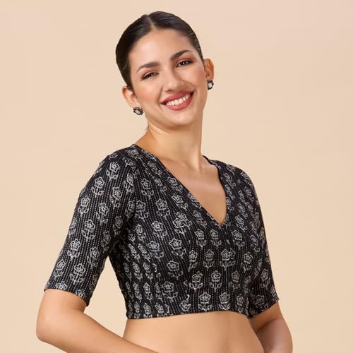 Image of Studio Shringaar Women Cotton Half Sleeve Block Printed Saree Blouse with Stretchable Sides