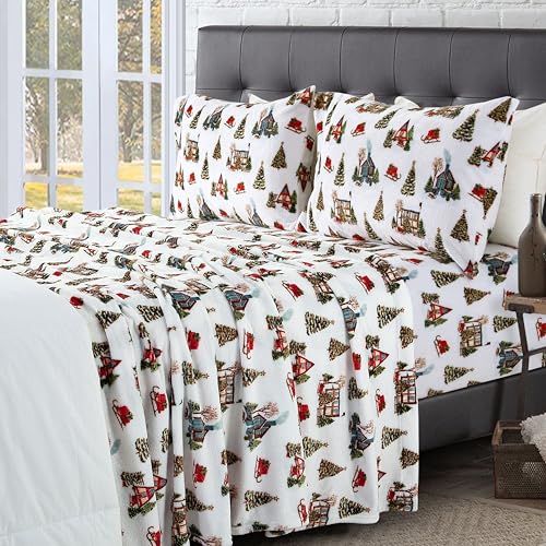 Elegant Comfort Luxuriously Soft 4-Piece Holiday Velvet Plush Flannel Sheet Set - Premium Quality - Cozy Warm, Christmas Fuzzy Velvet Flannel Fleece Deep Pocket Sheet Set - Cal King, Bungalow