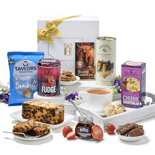 Hattie's Gifts Scottish Luxury Afternoon Tea Hamper - Christmas Food Gift for Family Includes Shortbread, Tea, Fudge, Dundee Cake, Crisps, Chocolate & Jam - Hamper & Gourmet Gifts for Women and Men