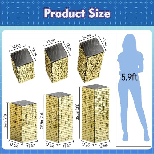 Qcity Black Shimmer Pedestal Stands for Party Set of 3, Square Sequin Shimmer Display Stands, Perfect for Outdoor Events, Birthdays, Wedding and Party Decoration by Qcity - Image 3