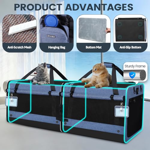 Image of Petskd Double Extra Large Cat Carrier with Litter Box and Privacy Curtain, 48 inchx17 inchx17 inch Soft Cat Car Travel Carrier with Locking Zippers for Multiple Cats Long Distance Trip(Blue)